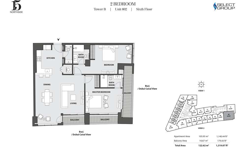 Tower B, 2 Bedroom, Unit 602, Sixth Floor